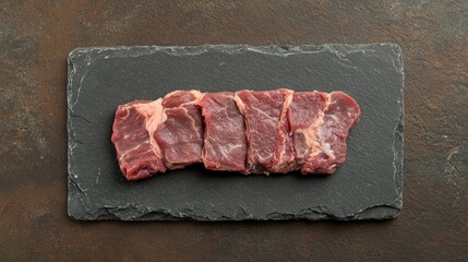 Fresh raw organic beef slices displayed on a dark slate plate with ample space for text or product descriptions view from above