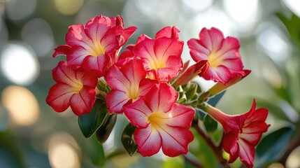 Fototapeta premium Vibrant red adenium flowers blooming in morning light showcasing lush petals and greeneryç²¾å“èŠ±å‰ä¸Žè‡ªç„¶é˜³å…‰çš„å’Œè°ç»“åˆ