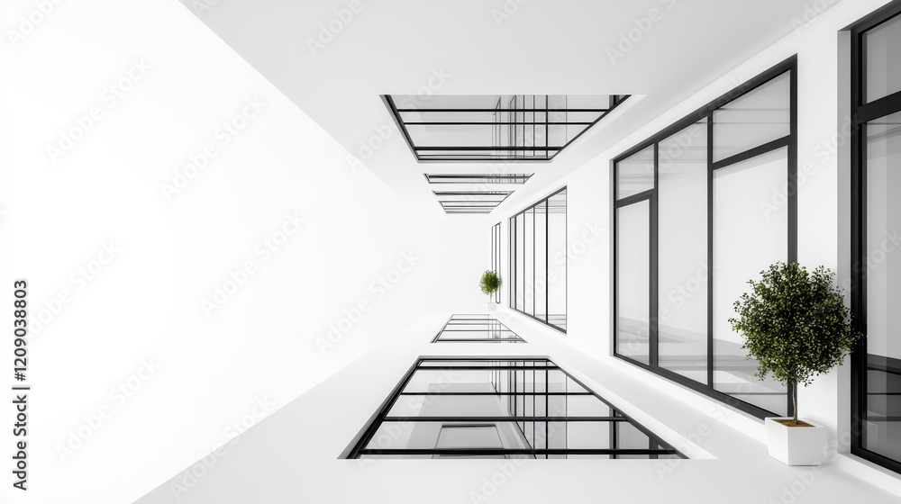 Poster a minimalist building design with clean lines, large windows, and a monochrome color palette.