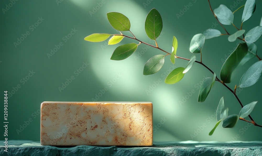 Poster minimalist wooden block with green leaves on gradient background for product display