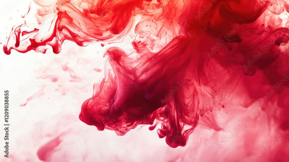 Poster red acrylic ink swirls in water creating abstract patterns on white background for artistic and crea