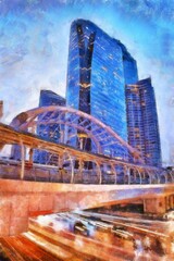 Obraz premium Landscape of ancient Thai architecture Chalk paint Illustrations creates art style impressionism of painting.