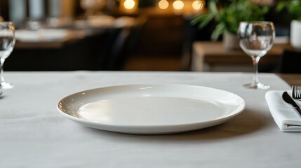 Elegant white rectangular plate set on a fine dining table with glassware and soft ambient lighting in a sophisticated restaurant environment