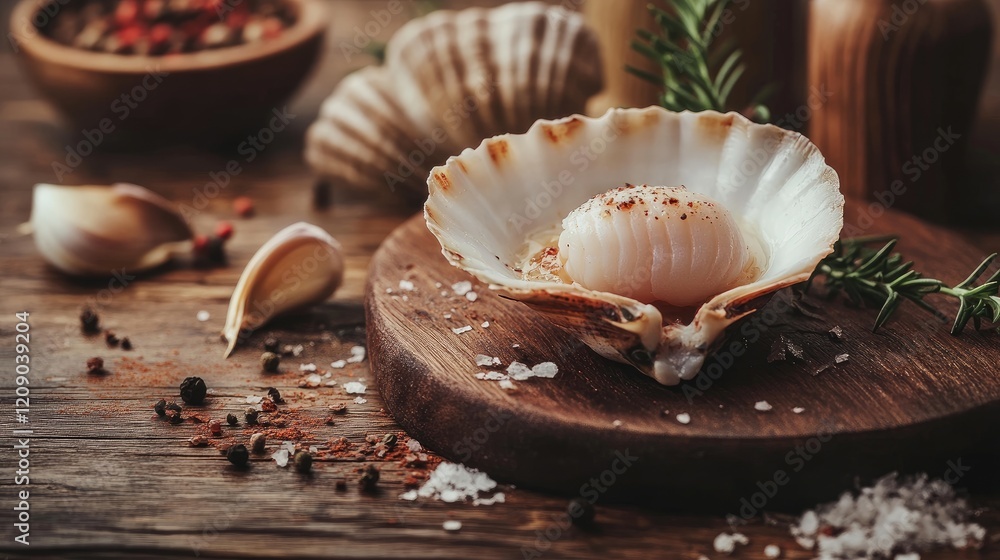 Aufkleber raw scallop in shell presented on wooden serving board with garlic and spices on rustic table settin