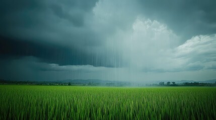 Majestic Rain Clouds Above Lush Green Rice Fields in Peaceful Countryside Landscape