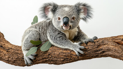 Naklejka premium Adorable koala bear sitting on a tree branch with eucalyptus leaves, isolated on white background.