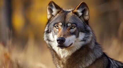 Obraz premium Gray wolf portrait in natural habitat showcasing its striking features and expressive gaze in a serene wilderness setting during autumn.