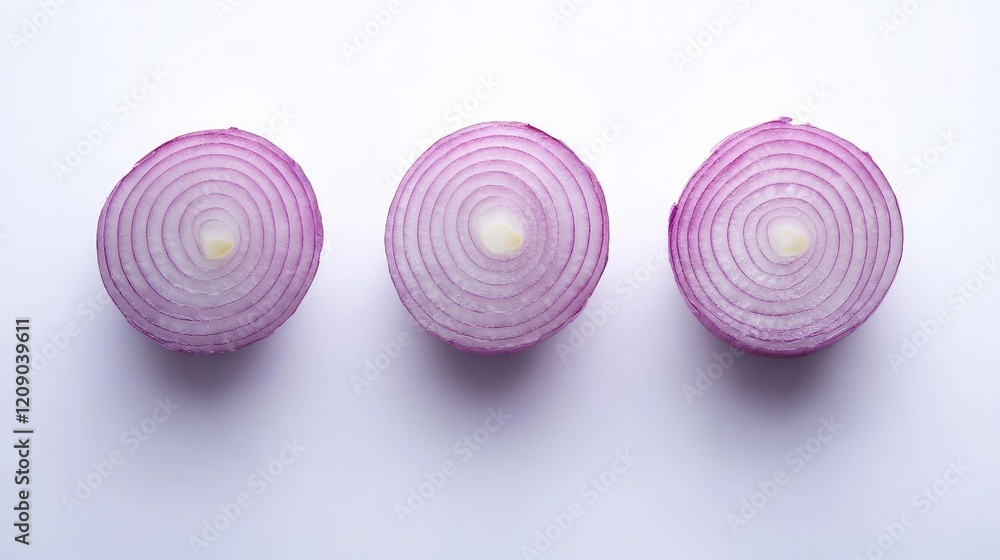 Poster sliced purple onion halves isolated on clean white background with circular patterns and fresh textu