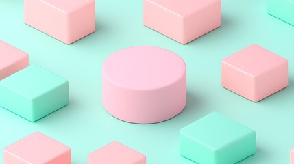 Fototapeta premium Pastel Geometry Distribution with Circular and Square Blocks on a Soft Green Background