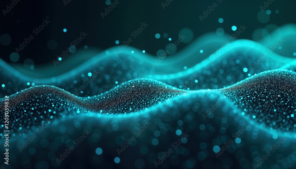 Poster abstract digital art design. teal glowing diagonal lines on dark background. wavy patterns of light 