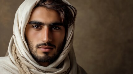Young attractive man with long dark hair wearing a beige shawl facing the camera against a textured brown background illuminated by soft natural light.