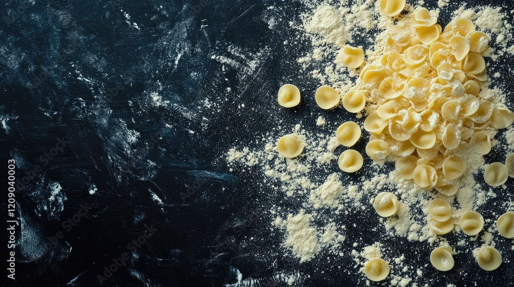 Poster raw round pasta scattered with flour on a dark surface top view cooking concept with space for text 