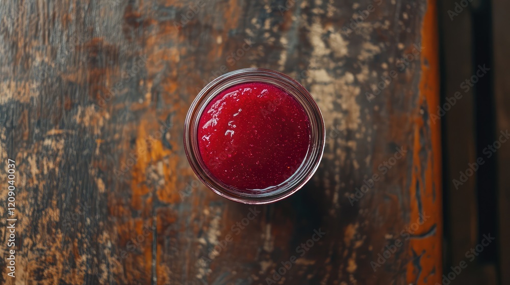 Poster raspberry jam jar glimmering in bright red on rustic brown wooden table in top view perspective, swe