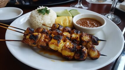 Delicious Grilled Chicken Satay with Rice and Peanut Sauce