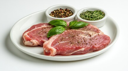 Fresh pork chop steaks garnished with basil and black pepper, accompanied by bowls of spices on a clean white plate against a neutral background.