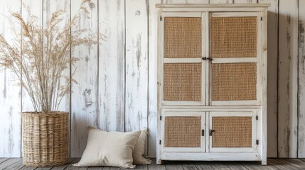Elegant rattan buffet cabinet tower with natural textures positioned against a whitewashed wooden wall featuring styled decor and soft neutral tones.