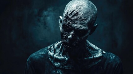 Melancholic zombie portrait with eerie expression against a dark background capturing a haunting atmosphere and emotional depth.