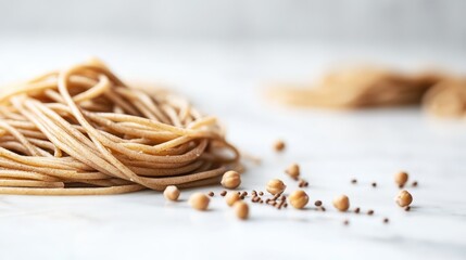 Chickpea Pasta Noodles on White Marble Surface with Spices, Gluten Free Vegan Culinary Concept in Natural Light