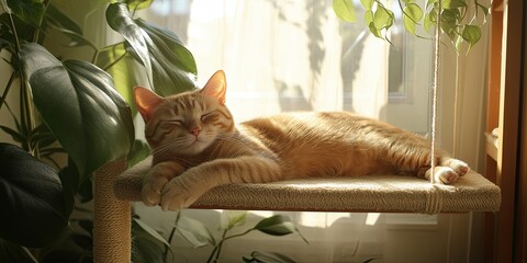 A serene ginger cat gazes directly at the camera while lounging on a wooden cat tree shelf, bathed in warm sunlight. Cat lounging on wooden cat tree, sunlit background