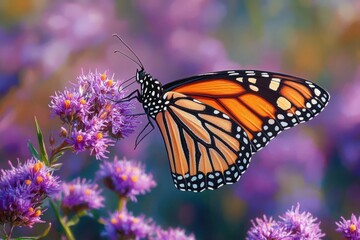 Obraz premium Monarch butterfly on purple flower in summer garden with blooming asters in autumn
