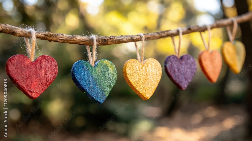 Poster colorful heart ornaments hanging on a string symbolizing inclusivity and diversity in a natural sett