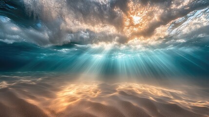 Sunlight streaming through shallow ocean waves in sandy water with turquoise tones and dramatic clouds captured from underwater perspective.