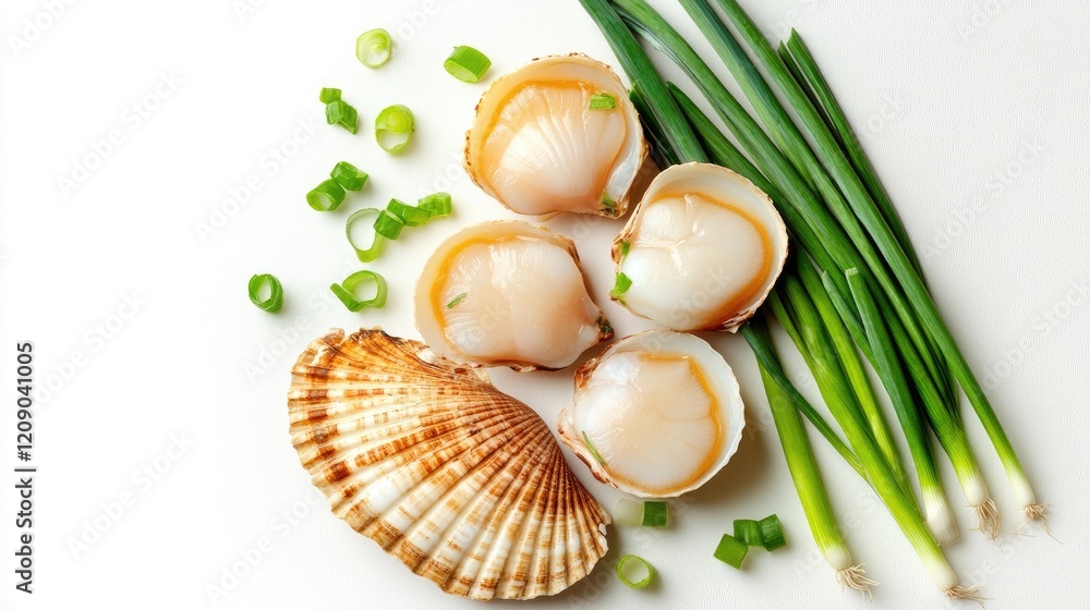 Poster fresh scallops garnished with green onions and shells arranged on a clean white background top view 