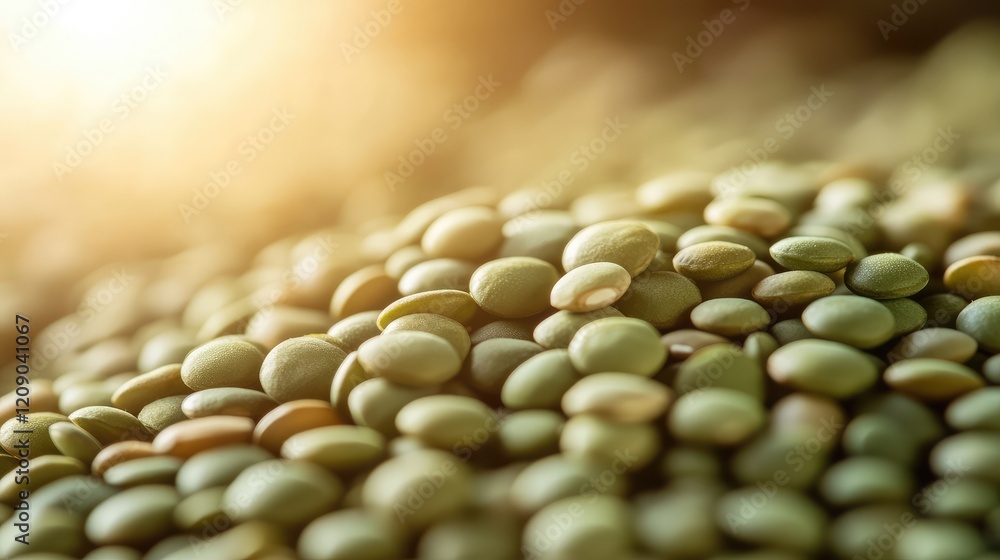 Poster close-up macro image of raw green lentils textured background with soft golden light highlighting th