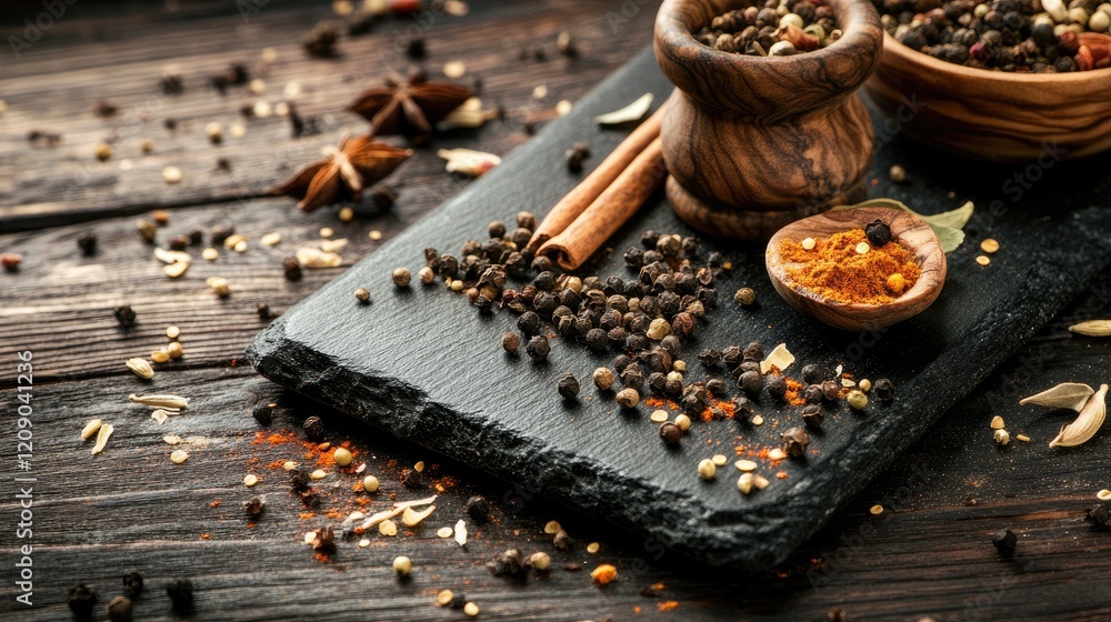 Poster raw pasta with assorted spices arranged on a black stone plate set against a rustic wooden backgroun