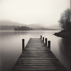 Naklejka premium Serene Lake Landscape: Misty Morning on Wooden Dock