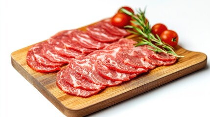 Sliced raw meat on a rustic wooden cutting board with fresh tomatoes and rosemary highlighting a culinary food theme