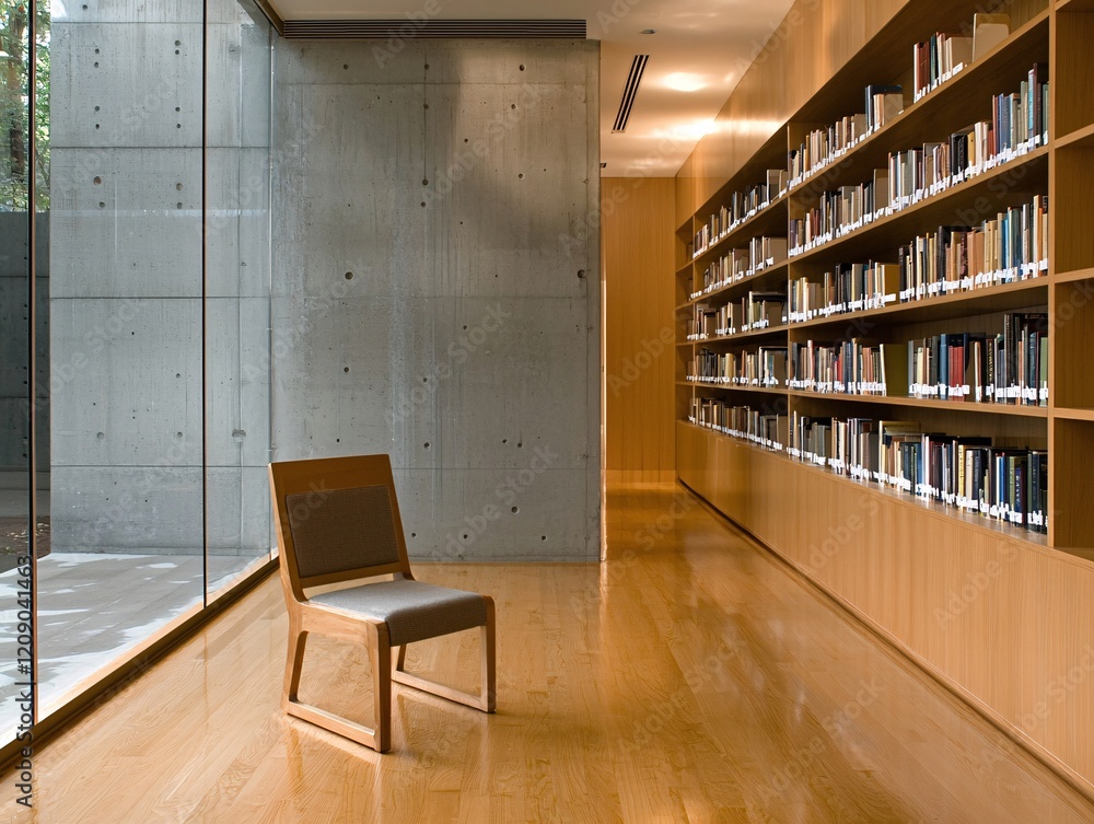 Poster a minimalist library interior with neatly arranged bookshelves, representing information retrieval a