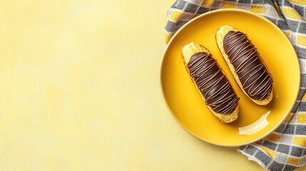 Eclairs with chocolate icing on a vibrant yellow plate, styled on a gray and yellow kitchen towel, overhead view, pastry preparation concept, space for text.
