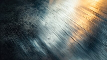 Brushed aluminum or steel sheet metal surface with metallic textures and reflections in gray and warm tones, close-up view at an angle.