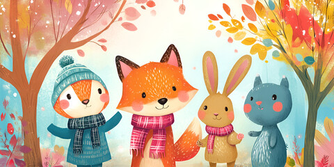 Autumn Friends: Charming illustration of a fox, rabbit, squirrel and cat enjoying an autumn day together in a whimsical forest scene.