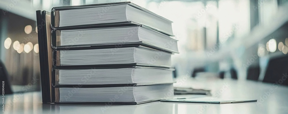 Poster a stack of neatly organized binders and files in an office setting, emphasizing knowledge documentat