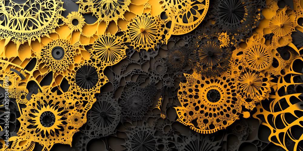 Poster golden gears: an intricate and captivating abstract design featuring a multitude of interlocked gold