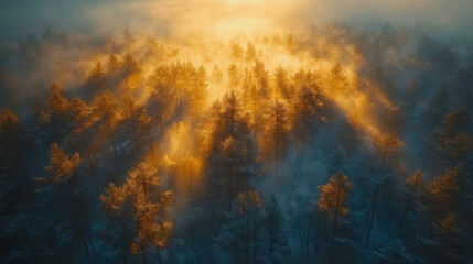 Fototapeta premium Golden Sun Rays Break Through Misty Forest Canopy at Dawn, Illuminating Frosted Trees in a Serene Winter Landscape