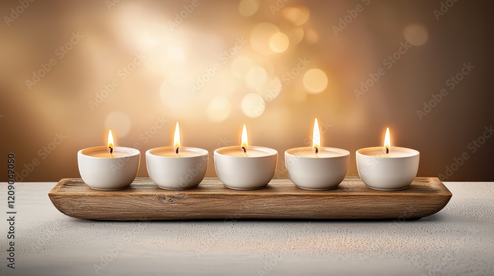 Poster a row of candles arranged on a rustic wooden tray, with their soft flickering flames creating a calm