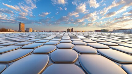 Naklejka premium A rooftop with freshly laid ceramic tiles in a neat pattern, showing the precision of the installation.