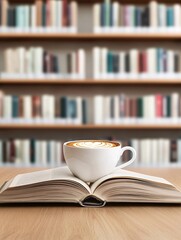 Naklejka premium A serene library corner with a cup of coffee and open books, highlighting personal knowledge processing in a peaceful environment