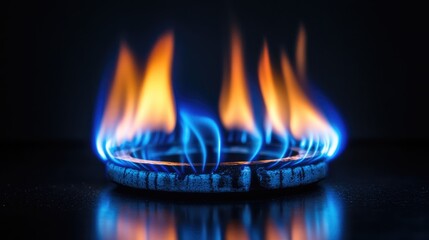Realistic flames from underground gas burning in a circular arrangement isolated on a black background for energy or safety themes