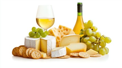 Naklejka premium A selection of aged cheeses, including cheddar, brie, and gouda, served with crackers and wine.