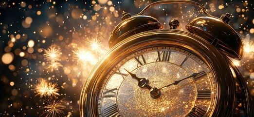 Midnight Countdown Clock New Year Celebration Fireworks Gold Sparkle Bokeh Abstract Retro Party