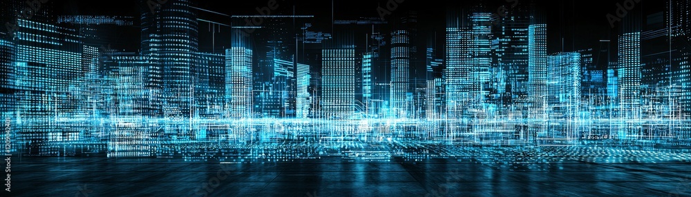 Poster a high-tech server room with glowing blue lights, emphasizing robust information security and proces