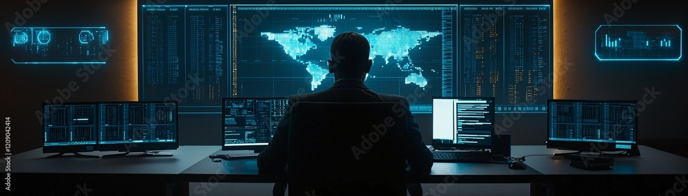Poster a high-tech server room with glowing blue lights, emphasizing robust information security and proces