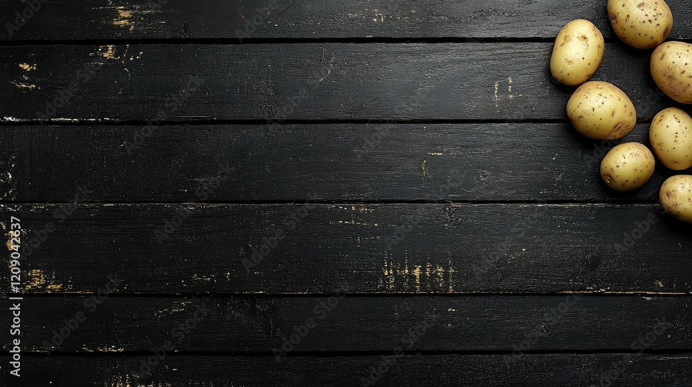 Poster raw potatoes scattered on a rustic black wooden surface with ample space for culinary text or recipe