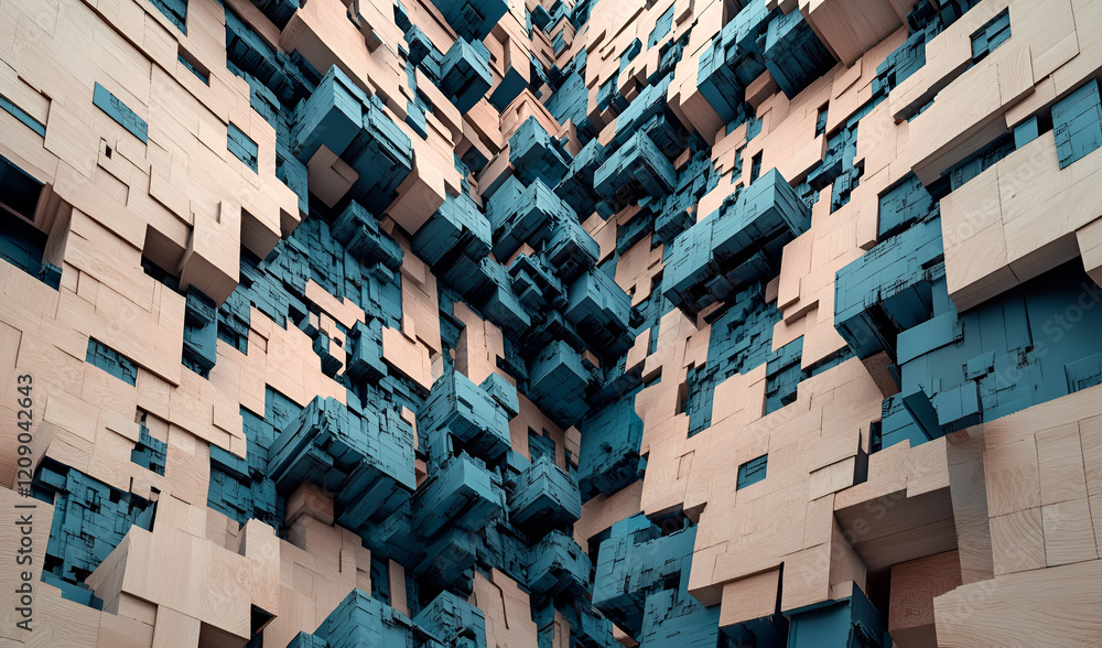 Poster abstract cubic landscape: a mesmerizing digital artwork featuring a complex arrangement of teal and 