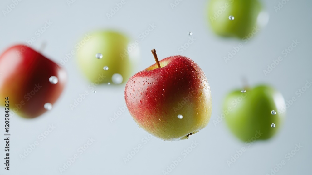 Poster red and green apples in motion with water droplets on clean background shallow depth of field focus 
