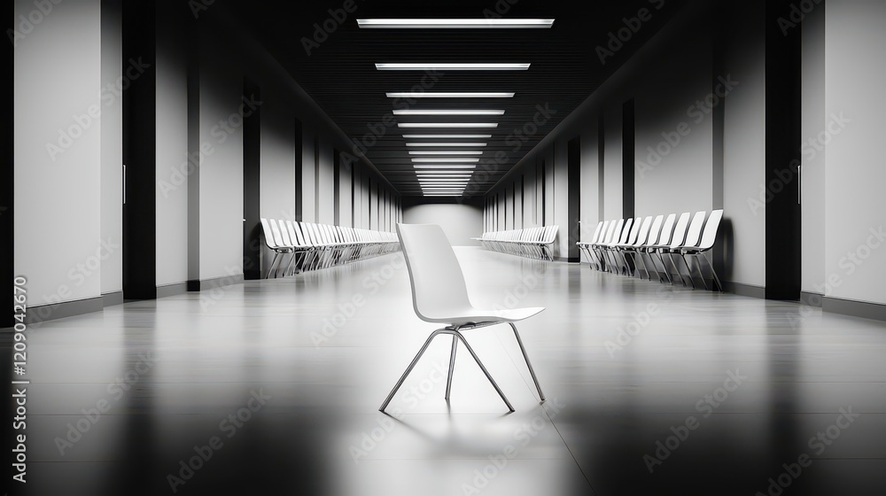 Poster a single chair in a crowded waiting area, emphasizing solitude and reflection.